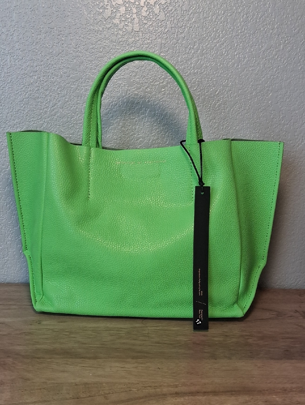 Ampersand As Apostophe Bright Green Pebbled Leather Tote With Top Handles